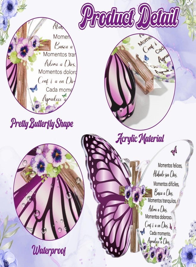 JAPBOR Acrylic Christian Religious Gifts - Spanish Bible Verses God Faith Inspirational Scripture Present for Women, Serenity Butterfly Cross Prayer Keepsake Desk Decor for Home Birthday (Violets) - Image 3